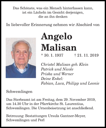 Todesanzeige von Angelo Malisan von saarbruecker_zeitung