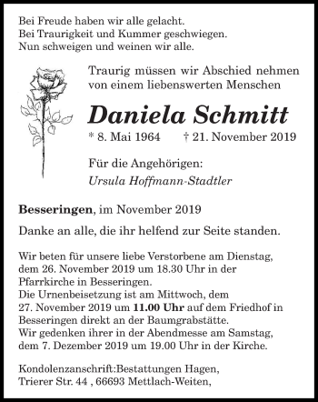 Todesanzeige von Daniela Schmitt von saarbruecker_zeitung