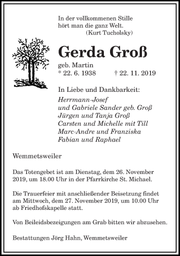 Todesanzeige von Gerda Groß von saarbruecker_zeitung