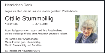 Todesanzeige von Ottilie Stummbillig von saarbruecker_zeitung