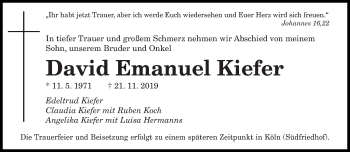 Todesanzeige von David Emanuel Kiefer von saarbruecker_zeitung