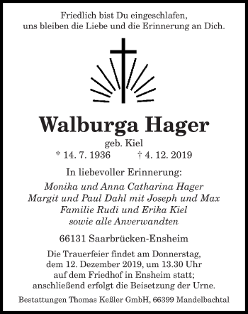 Todesanzeige von Walburga Hager von saarbruecker_zeitung