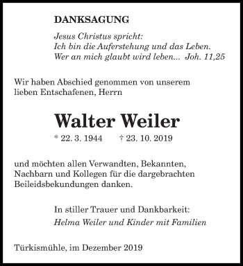 Todesanzeige von Walter Weiler von saarbruecker_zeitung