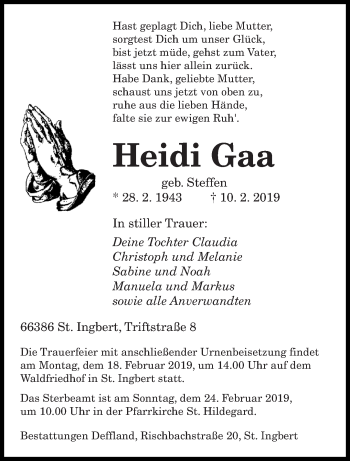 Todesanzeige von Heidi Gaa von saarbruecker_zeitung