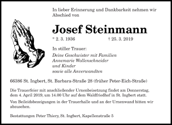 Todesanzeige von Josef Steinmann von saarbruecker_zeitung