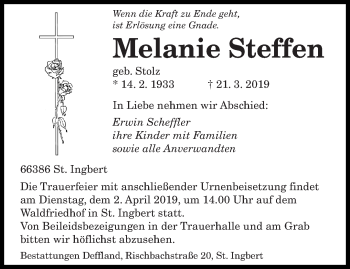 Todesanzeige von Melanie Steffen von saarbruecker_zeitung