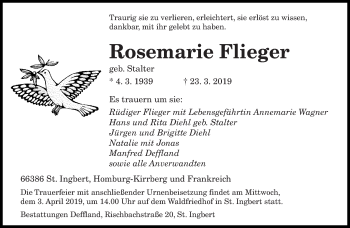 Todesanzeige von Rosemarie Flieger von saarbruecker_zeitung