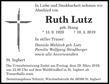 Todesanzeige von Ruth Lutz von saarbruecker_zeitung