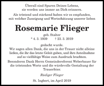 Todesanzeige von Rosemarie Flieger von saarbruecker_zeitung