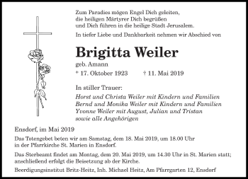 Todesanzeige von Brigitta Weiler von saarbruecker_zeitung