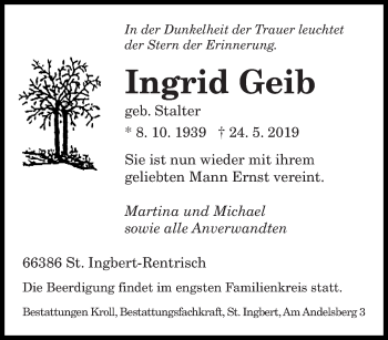 Todesanzeige von Ingrid Geib von saarbruecker_zeitung