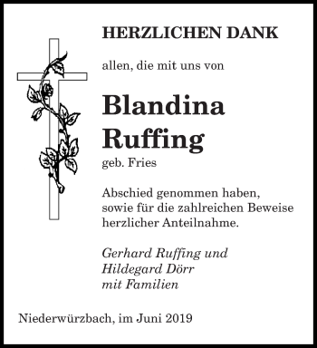 Todesanzeige von Blandina Ruffing von saarbruecker_zeitung