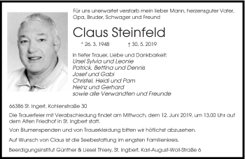 Todesanzeige von Claus Steinfeld von saarbruecker_zeitung