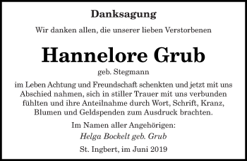 Todesanzeige von Hannelore Grub von saarbruecker_zeitung