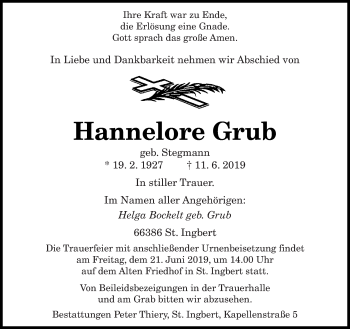 Todesanzeige von Hannelore Grub von saarbruecker_zeitung