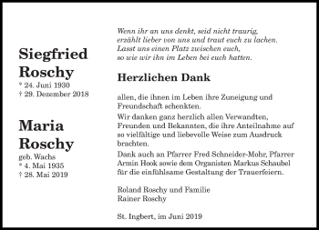 Todesanzeige von Siegfried und Maria Roschy von saarbruecker_zeitung