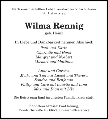 Todesanzeige von Wilma Rennig von saarbruecker_zeitung