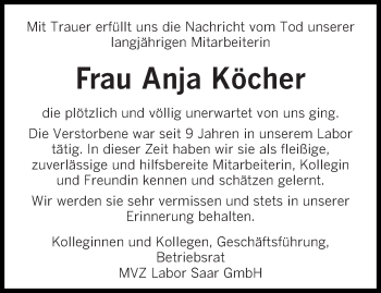 Todesanzeige von Anja Köcher von saarbruecker_zeitung