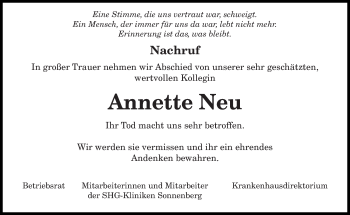 Todesanzeige von Annette Neu von saarbruecker_zeitung