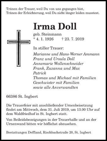 Todesanzeige von Irma Doll von saarbruecker_zeitung