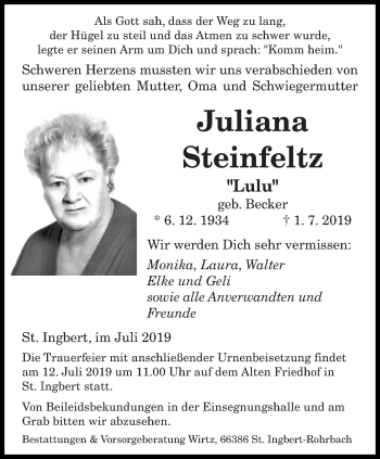 Todesanzeige von Juliana Steinfeltz von saarbruecker_zeitung