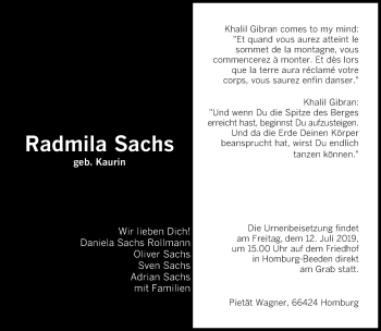 Todesanzeige von Radmila Sachs von saarbruecker_zeitung