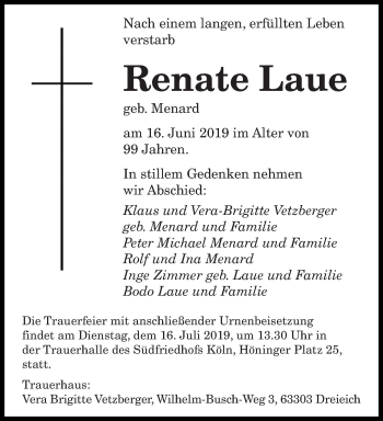 Todesanzeige von Renate Laue von saarbruecker_zeitung