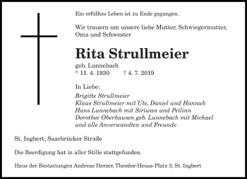 Todesanzeige von Rita Strullmeier von saarbruecker_zeitung