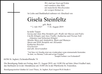 Todesanzeige von Gisela Steinfeltz von saarbruecker_zeitung