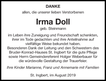 Todesanzeige von Irma Doll von saarbruecker_zeitung