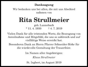 Todesanzeige von Rita Strullmeier von saarbruecker_zeitung