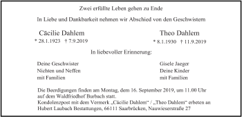 Todesanzeige von Cäcilie und Theo Dahlem von saarbruecker_zeitung