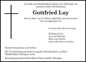 Todesanzeige von Gottfried Luy von saarbruecker_zeitung