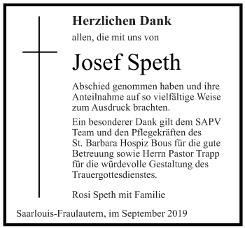 Todesanzeige von Josef Speth von saarbruecker_zeitung