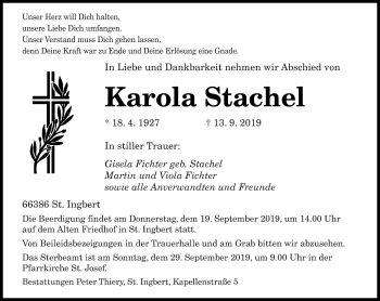 Todesanzeige von Karola Stachel von saarbruecker_zeitung