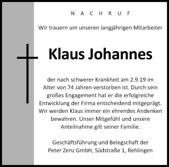 Todesanzeige von Klaus Johannes von saarbruecker_zeitung