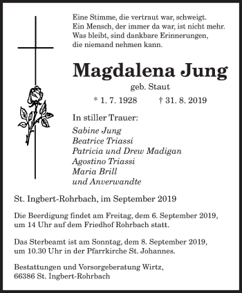 Todesanzeige von Magdalena Jung von saarbruecker_zeitung