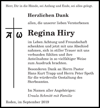 Todesanzeige von Regina Hiry von saarbruecker_zeitung