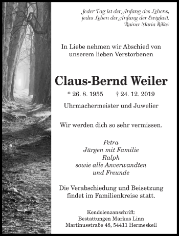 Todesanzeige von Claus-Bernd Weiler von saarbruecker_zeitung