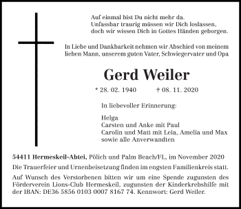 Todesanzeige von Gerd Weiler von saarbruecker_zeitung