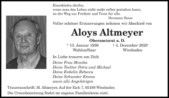 Todesanzeige von Aloys Altmeyer von saarbruecker_zeitung