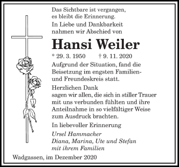 Todesanzeige von Hansi Weiler von saarbruecker_zeitung