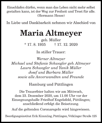 Todesanzeige von Maria Altmeyer von saarbruecker_zeitung