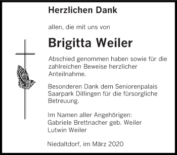 Todesanzeige von Brigitta Weiler von saarbruecker_zeitung