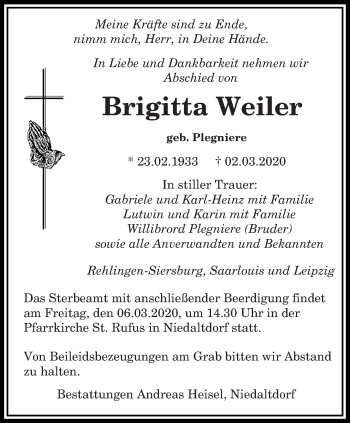 Todesanzeige von Brigitta Weiler von saarbruecker_zeitung