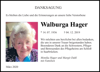 Todesanzeige von Walburga Hager von saarbruecker_zeitung