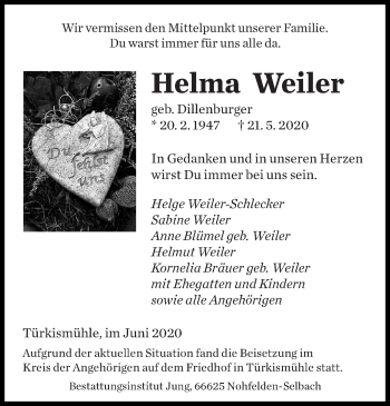 Todesanzeige von Helma Weiler von saarbruecker_zeitung