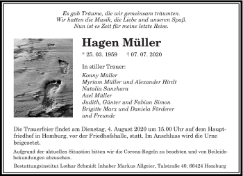 Todesanzeige von Hagen Müller von saarbruecker_zeitung