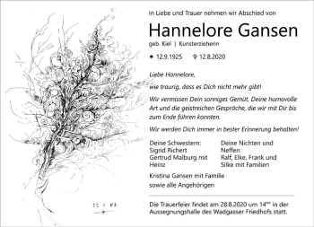 Todesanzeige von Hannelore Gansen von saarbruecker_zeitung