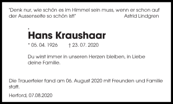 Todesanzeige von Hans Kraushaar von saarbruecker_zeitung